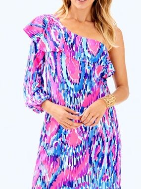 Lilly Pulitzer Amante Silk Jersey One Shoulder Mini Dress Ruffle Size M NWOT